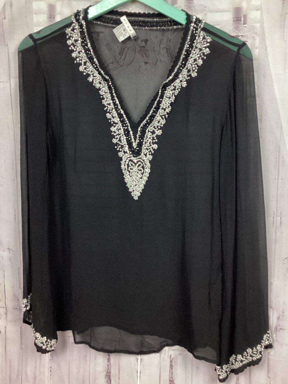 Vintage PAGE Black Silk Top Blouse Sheer Beaded Long Sleeve V Neck Sheer S